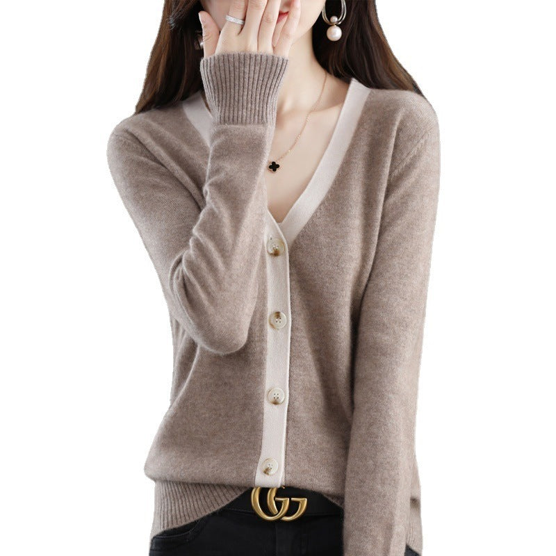 Damen Kontrastbesetzter V‑Neck-Feinstrickcardigan mit Perlmuttknöpfen Drune