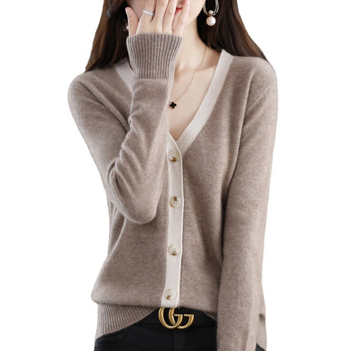 Damen Kontrastbesetzter V‑Neck-Feinstrickcardigan mit Perlmuttknöpfen Drune