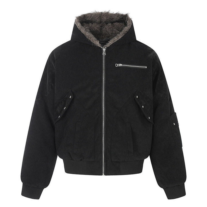 Damen Oversize Velours-Bomberjacke mit Kapuze, Kunstfellfutter und Reißverschluss-Front Drune