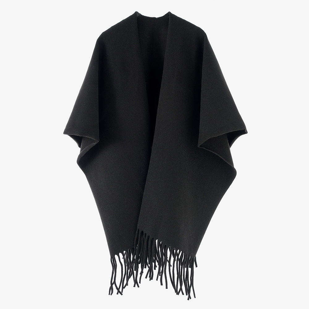 Damen Minimalistischer Wollcape-Überwurf mit Fransensaum und offenem Fall Drune