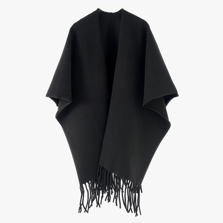 Damen Minimalistischer Wollcape-Überwurf mit Fransensaum und offenem Fall Drune