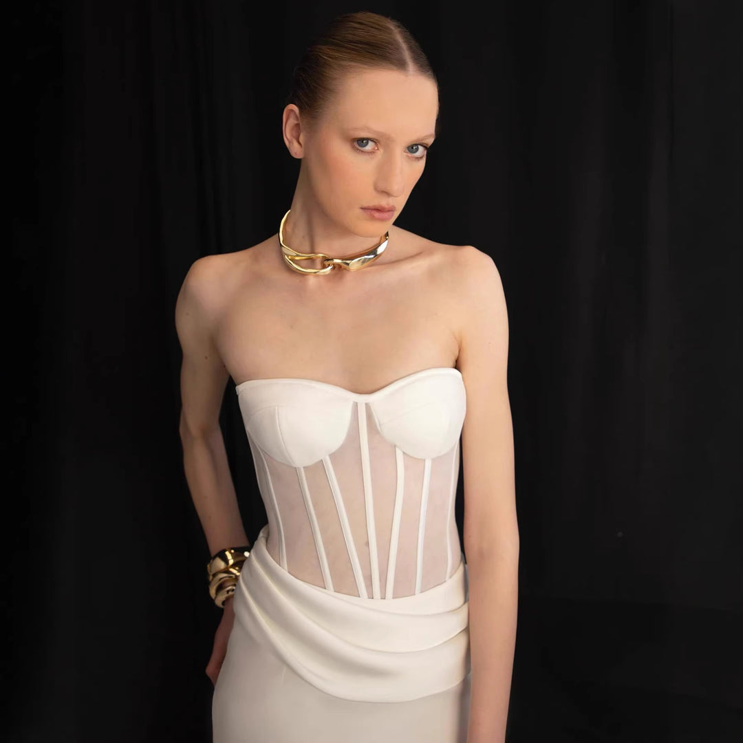 Damen Corsage-Langarmkleid mit elegantem Schnitt und fließendem Rock Drune