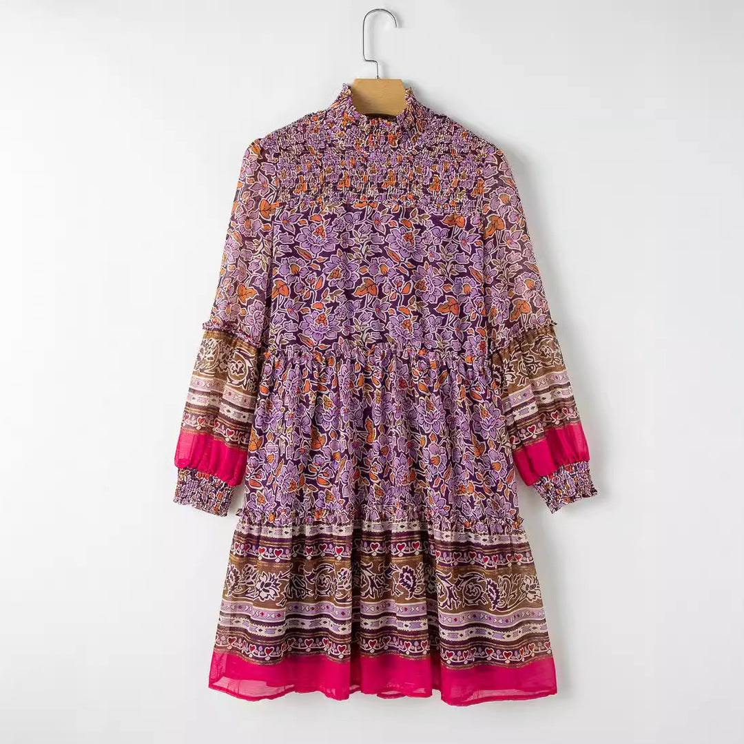 Damen Boho-inspiriertes Midi-Kleid mit elastischem Taillenbund und voluminösen Ärmeln Drune