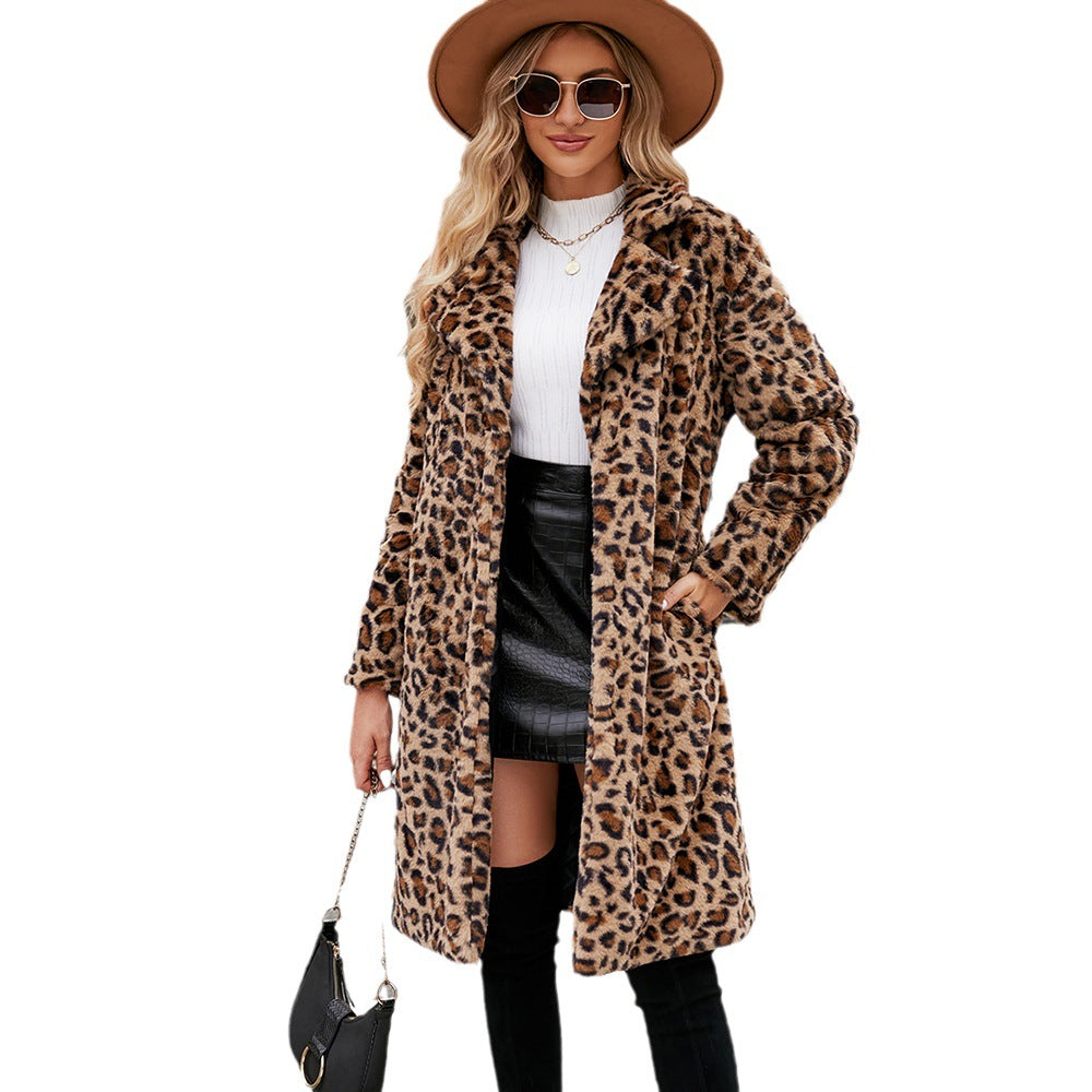 Damen Luxuriöser Kunstfellmantel mit Leopard-Design Drune