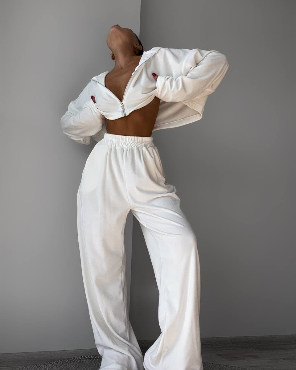 Damen Cropped Samt-Zip-Hoodie mit ausgestellten Ärmeln und fließender High-Waist Loungehose Drune