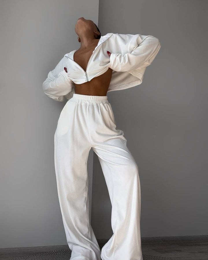 Damen Cropped Samt-Zip-Hoodie mit ausgestellten Ärmeln und fließender High-Waist Loungehose Drune
