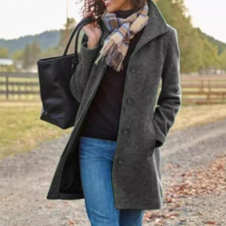 Damen modischer Wollmantel mit modernen Knopfdetails Drune