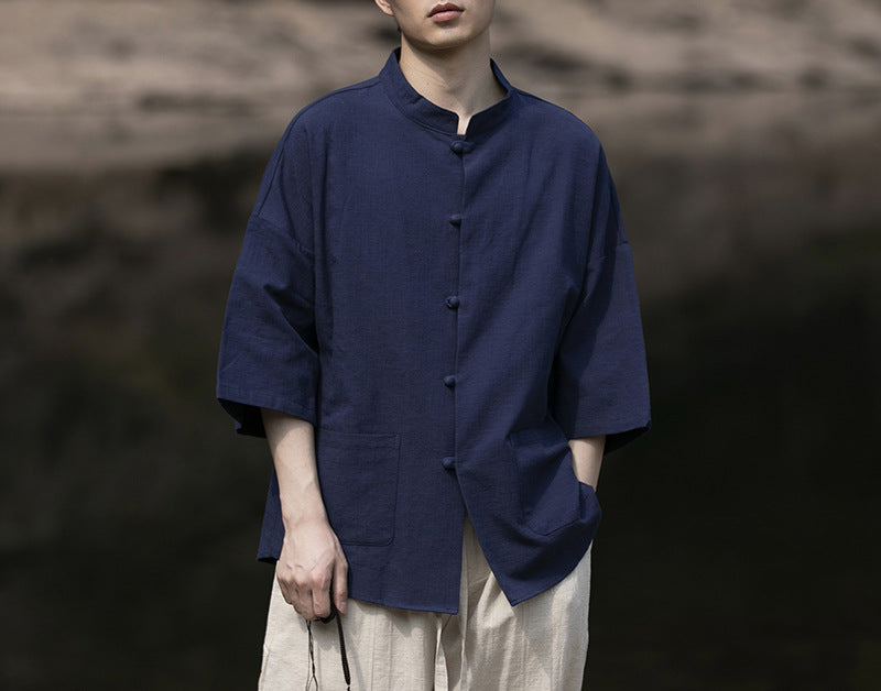 Herren Oversize Hemd im Kimono-Stil aus Leinen-Baumwollmix mit Stehkragen Drune