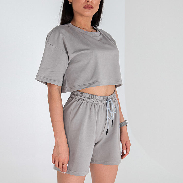 Damen Zweiteiliges Cropped-Lounge-Set aus Baumwolljersey mit elastischer Kordelzug-Shorts Drune