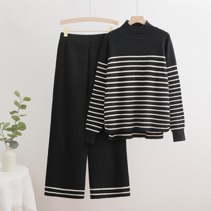 Damen gemütliches Strick-Loungewear-Set mit quer gestreiften Details Drune