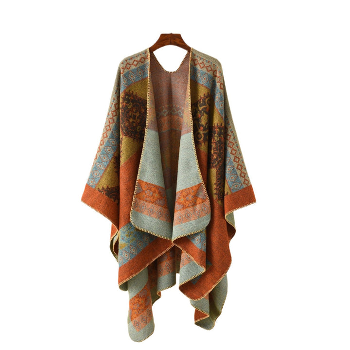 Damen Jacquard-Poncho-Cape mit Ethno-Muster und Wollmix Drune