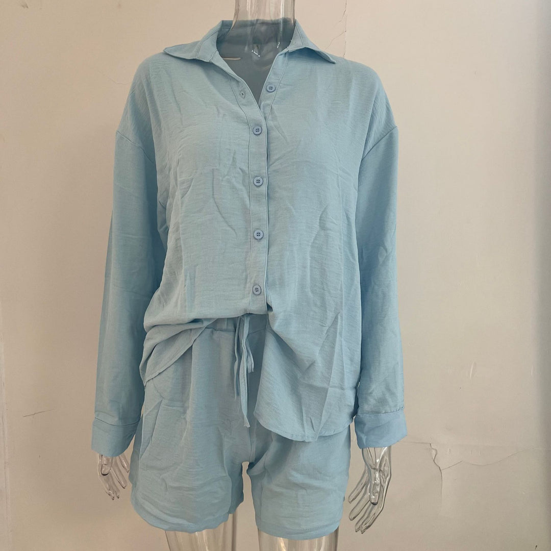 Damen Leinenoptik dreiteiliges Sommer-Lounge-Set mit Oversize-Hemd Cropped-Top und High-Waist-Shorts Drune