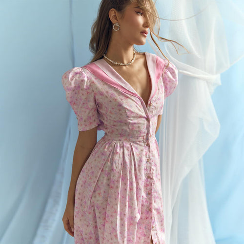 Damen Blütenmuster Kleid mit Puffärmeln und tiefem V-Ausschnitt Drune