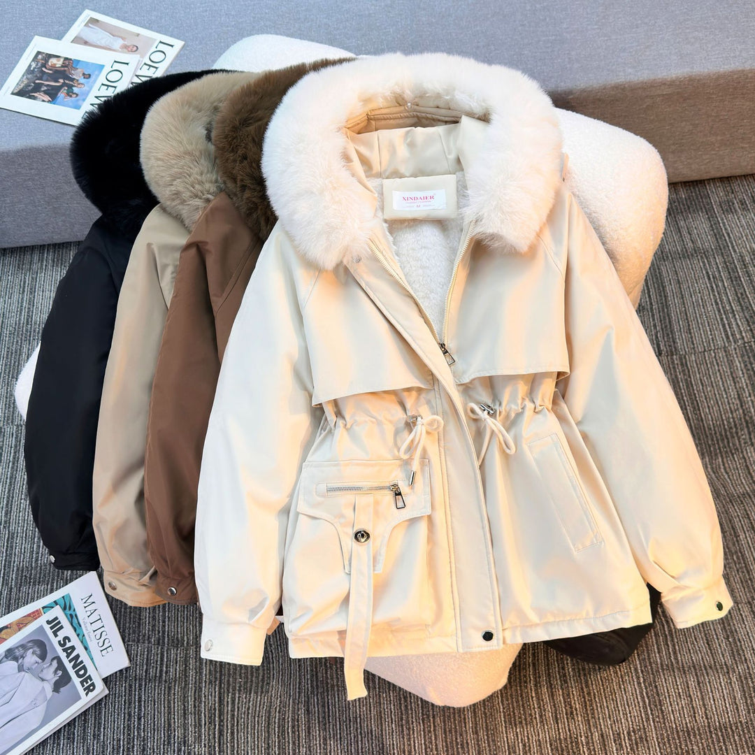 Damen nan kurze gefütterte Parka mit Kunstpelzkragen Teddyfutter Taillenzug und Multifunktions-Taschen Drune