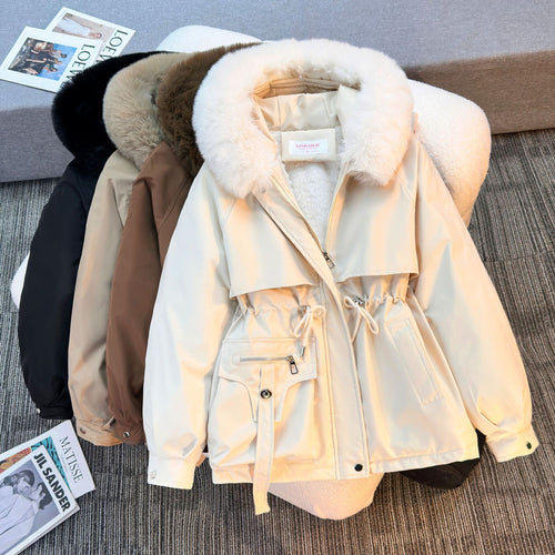 Damen nan kurze gefütterte Parka mit Kunstpelzkragen Teddyfutter Taillenzug und Multifunktions-Taschen Drune