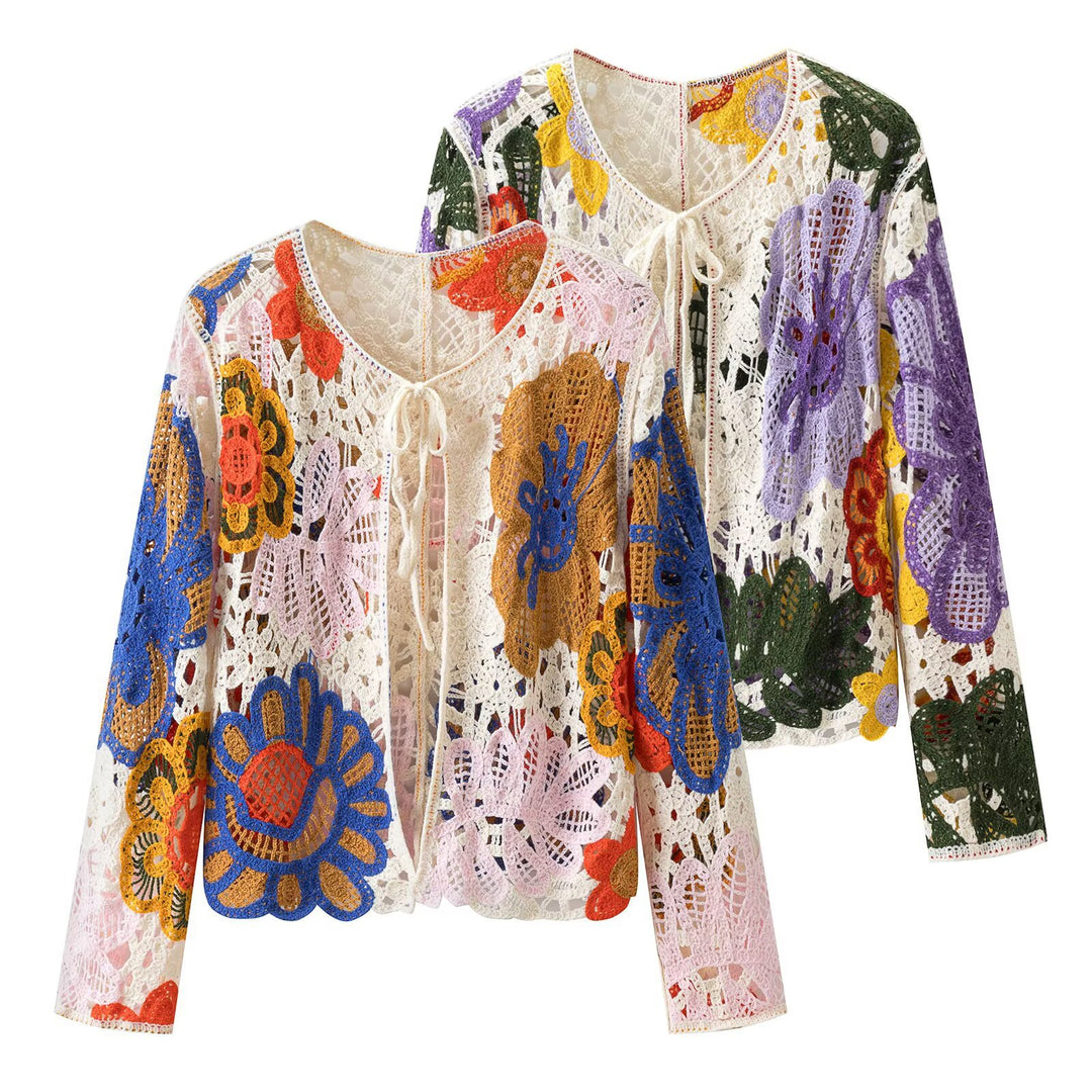 Damen Häkel-Cardigan mit floralen Applikationen und Bindeband Drune