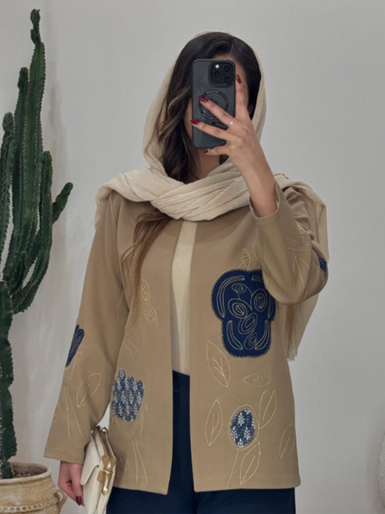 Damen offener Strickblazer mit floraler Stickerei & Applikationen Drune