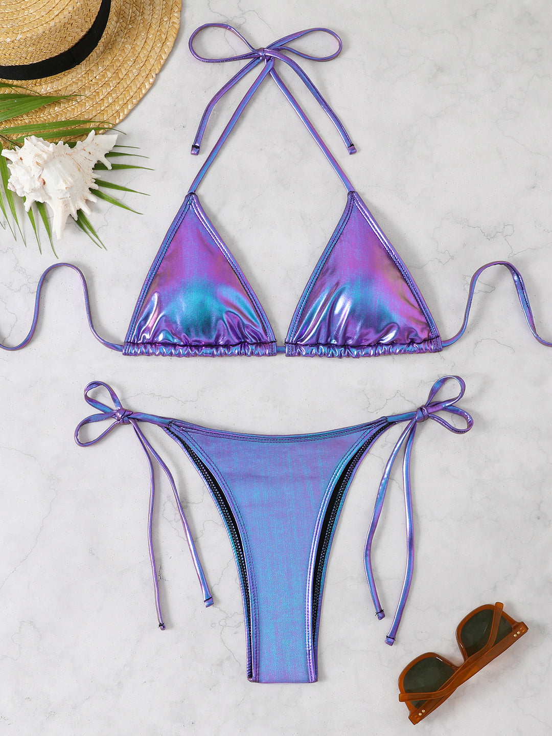 Damen Glänzendes Triangel-Bikini-Set Drune