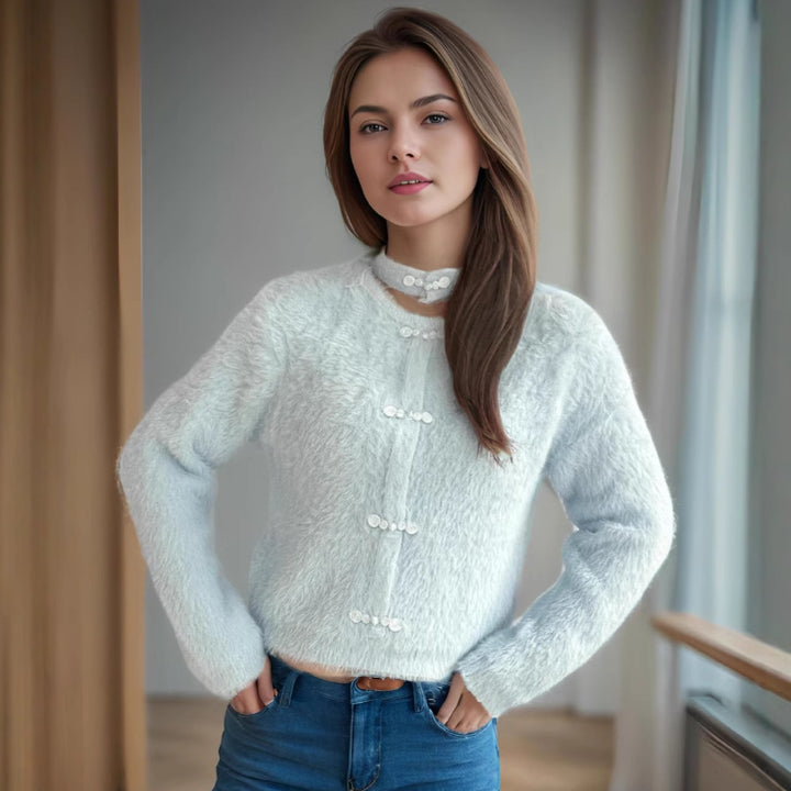 Damen kuscheliger Pullover mit hochgeschlossenem Kragen und dekorativen Knopfdetails Drune
