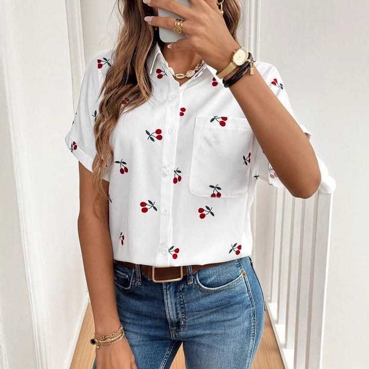 Damen Kurzarm Bluse mit Kirschmotiv und Tasche Drune