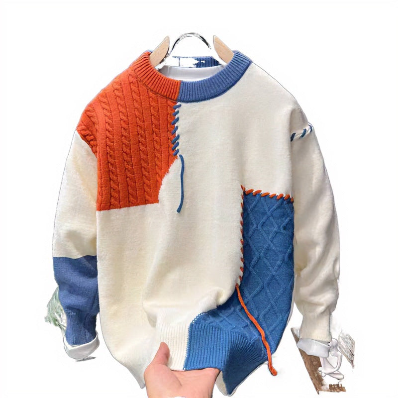 Unisex Patchwork-Oversize-Strickpullover mit Zopf- und Rautenmuster, dekorativen Kontrastnähten und Rundhalsausschnitt Drune