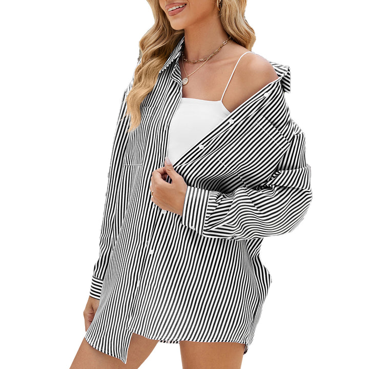 Damen lässiges Oversize-Hemd mit feinem Streifenmuster und Knopfdetails Drune