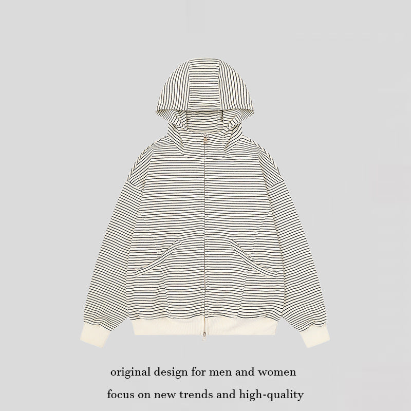 Unisex Gestreifte Kapuzen-Sweatjacke mit Reißverschluss und Kängurutaschen Drune