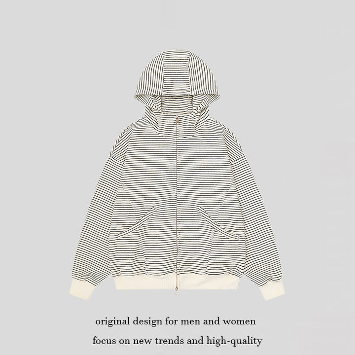 Unisex Gestreifte Kapuzen-Sweatjacke mit Reißverschluss und Kängurutaschen Drune