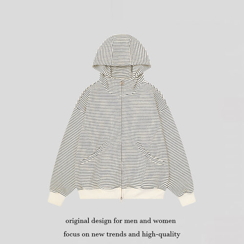 Unisex Gestreifte Kapuzen-Sweatjacke mit Reißverschluss und Kängurutaschen Drune