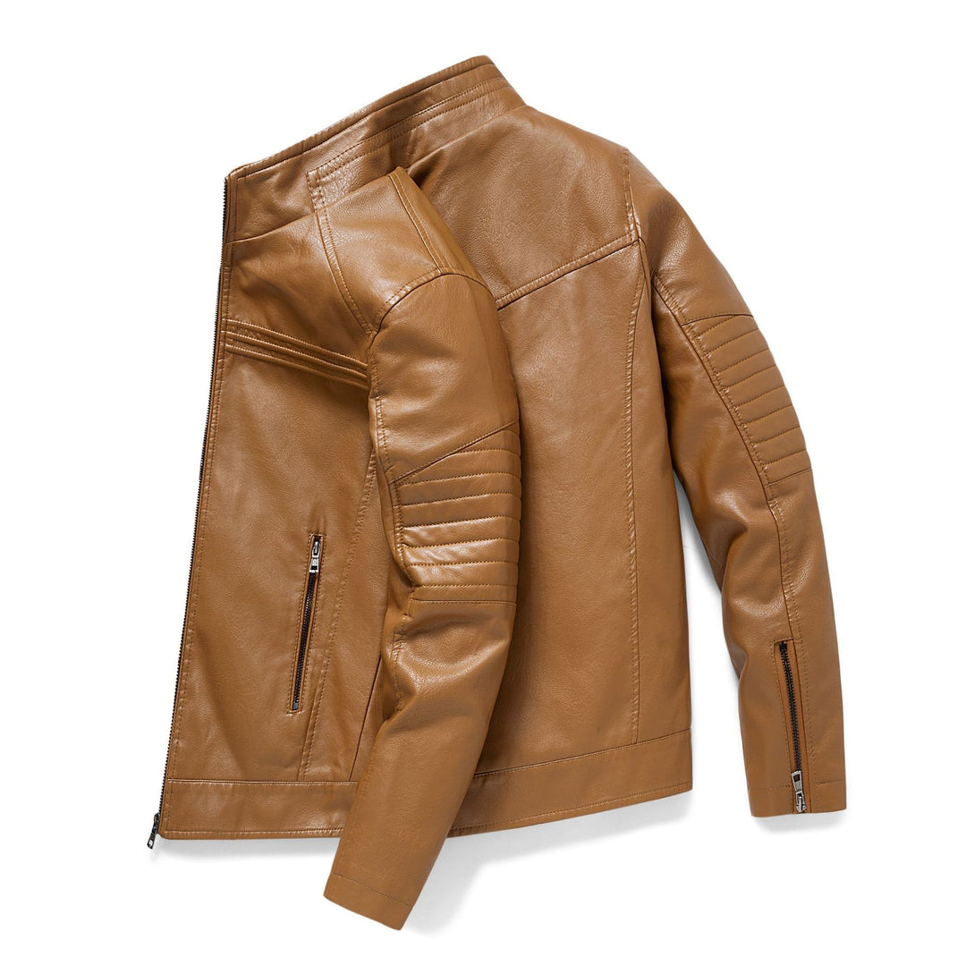 Herren Slim-Fit Kunstleder-Motojacke mit Stehkragen und gesteppter Ärmelpasse Drune