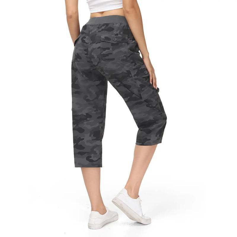 Damen Capri Cargo-Hosen in Bermuda-Länge mit hoher Taille und aufgesetzten Klappentaschen Drune