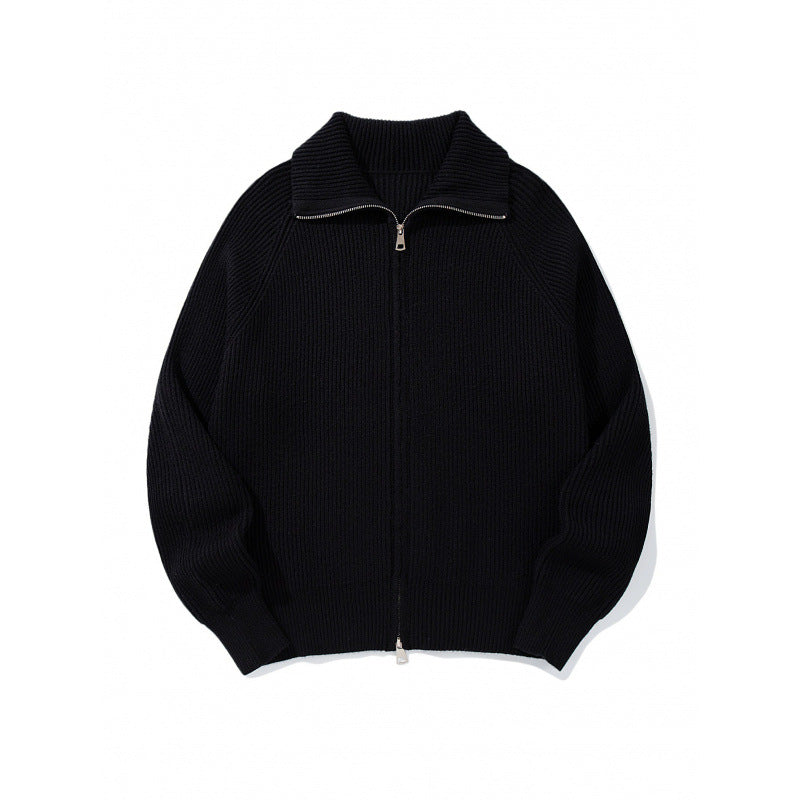 Unisex Grobgerippte Zip-Strickjacke mit Stehkragen, Raglanärmeln und Zwei-Wege-Reißverschluss Drune