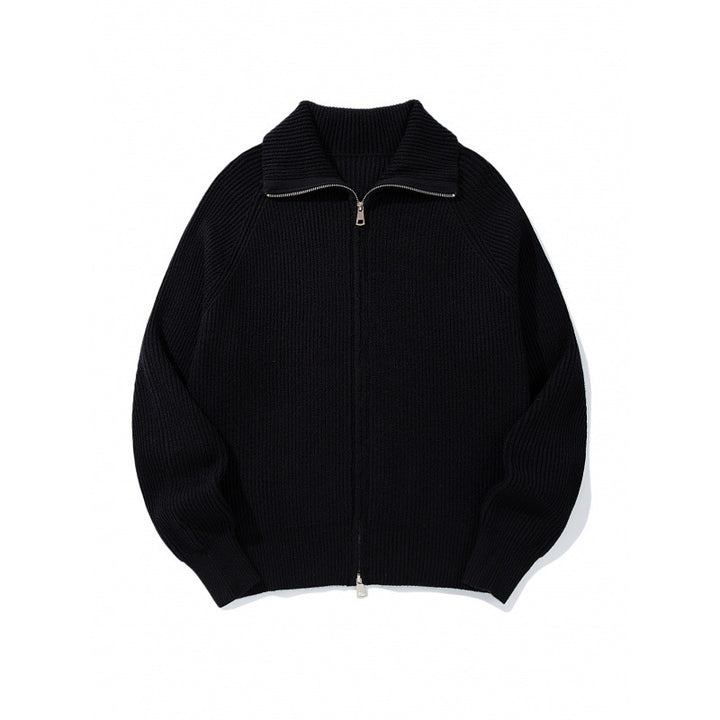 Unisex Grobgerippte Zip-Strickjacke mit Stehkragen, Raglanärmeln und Zwei-Wege-Reißverschluss Drune