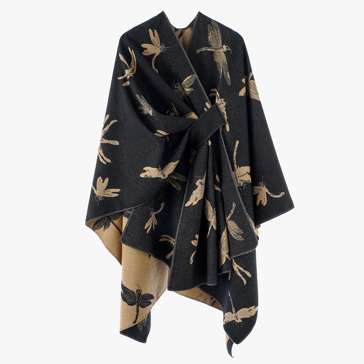 Damen Reversibler Jacquard‑Capeponcho mit feinem Insekten‑Jacquard und Bindeschlitz Drune