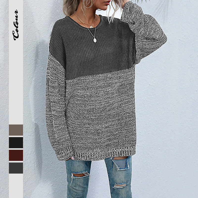 Damen Oversize-Strickpullover im Melange-Blockdesign mit Rundhalsausschnitt & verlängertem Saum Drune