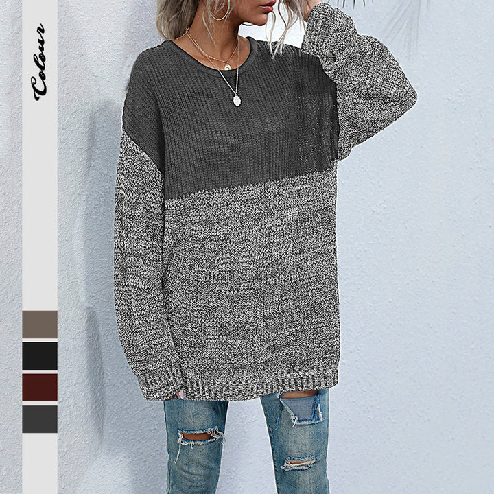 Damen Oversize-Strickpullover im Melange-Blockdesign mit Rundhalsausschnitt & verlängertem Saum Drune