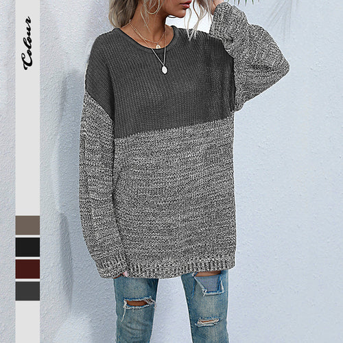 Damen Oversize-Strickpullover im Melange-Blockdesign mit Rundhalsausschnitt & verlängertem Saum Drune