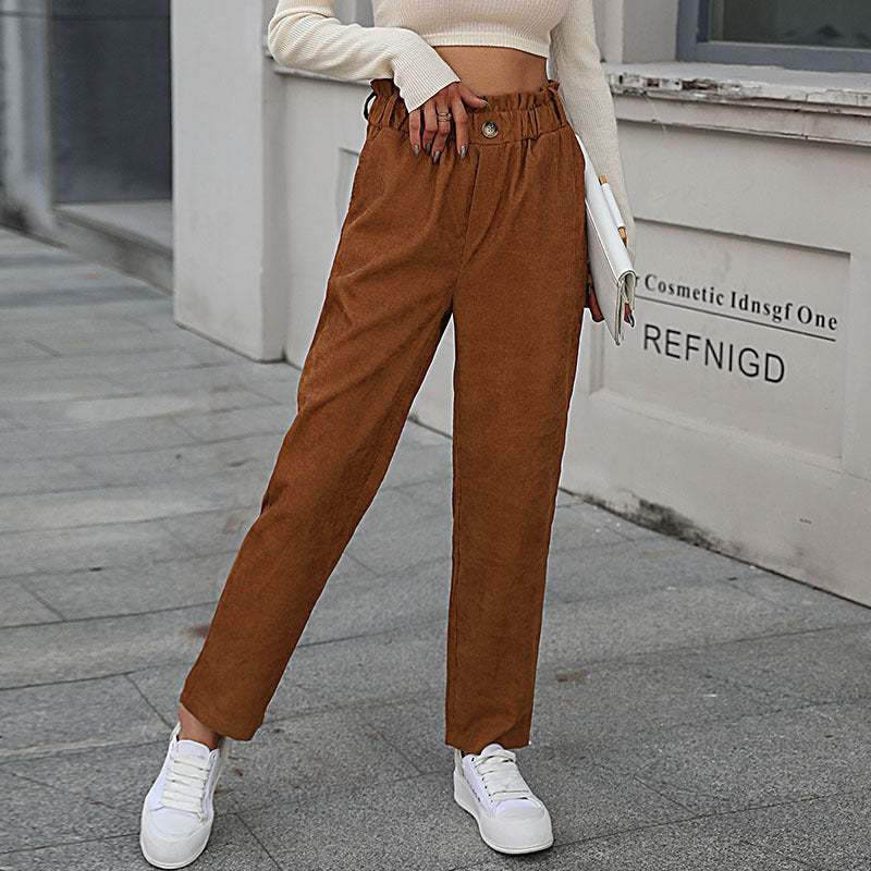Damen Lässige Cordsamt-Hose mit hohem Bund Drune