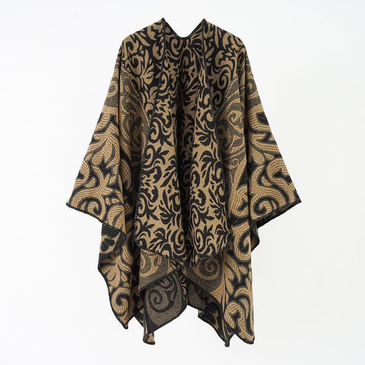 Damen Ornamentaler Jacquard-Capeponcho mit offenem Fall und kastiger Silhouette Drune