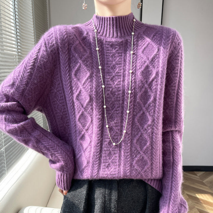 Damen Kuscheliger Mohair‑Optik Mockneckpullover mit Rautenzopfstruktur und kastiger Silhouette Drune