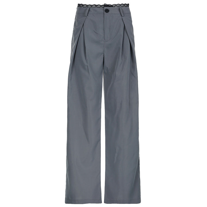 Damen elegante Weite Hosen mit hohe Taille und dekorativem Spitzenbund Drune