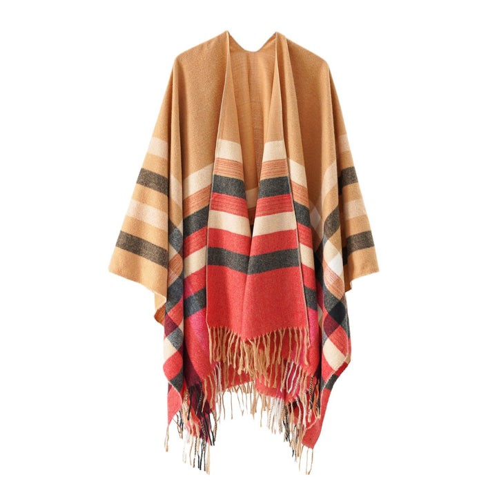 Damen Grobgewebte Cape‑Ruana im Oversize mit verlaufendem Karomuster und Fransensaum Drune