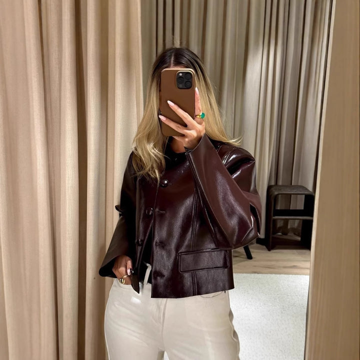 Damen modische Kunstlederjacke im klassischen Stil mit großzügigen Taschen Drune