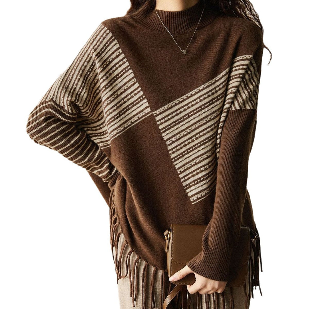 Damen Strickpullover mit geometrischem Muster und Fransen Drune