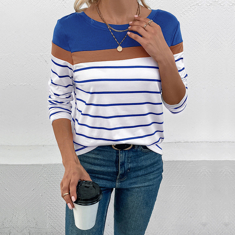 Damen Gestreiftes Langarmshirt mit Colorblock-Detail und Rundhalsausschnitt Drune