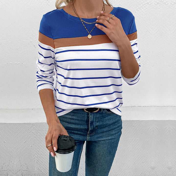 Damen Gestreiftes Langarmshirt mit Colorblock-Detail und Rundhalsausschnitt Drune