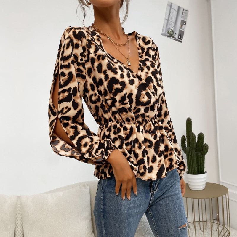 Damen Satin-Bluse mit Wickelkragen, Gummizug-Taille und Balloonärmeln Drune