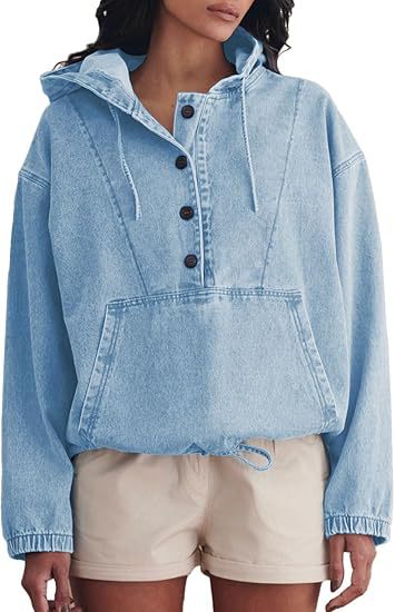 Damen Jeans-Halbanorak mit Kapuze, Kängurutasche und Tunnelzug Drune