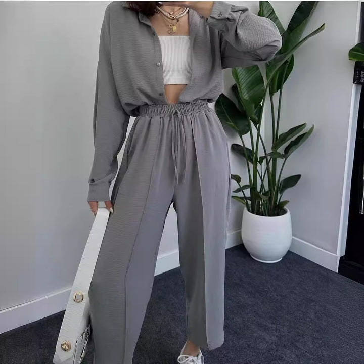 Damen Lässiges zweiteiliges Lounge-Set aus Crêpe mit Oversize-Hemd und hohem Elastikbund Drune