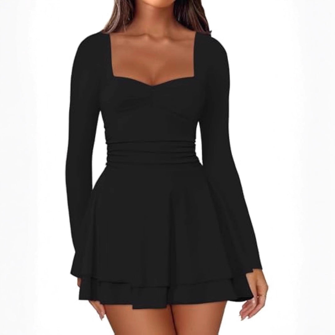 Damen Langarm-Minikleid mit quadratischem Ausschnitt, taillierter Raffung und zweilagigem Volantrock Drune